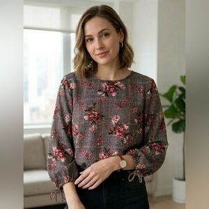Massini Floral Plaid Long-Sleeve Blouse - Burgundy Floral
